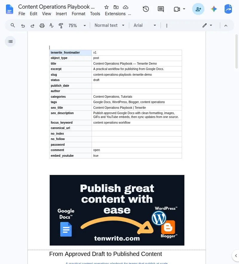 The real Google Doc frontmatter table, including title, slug, publishing status, SEO title, description, and focus keyword