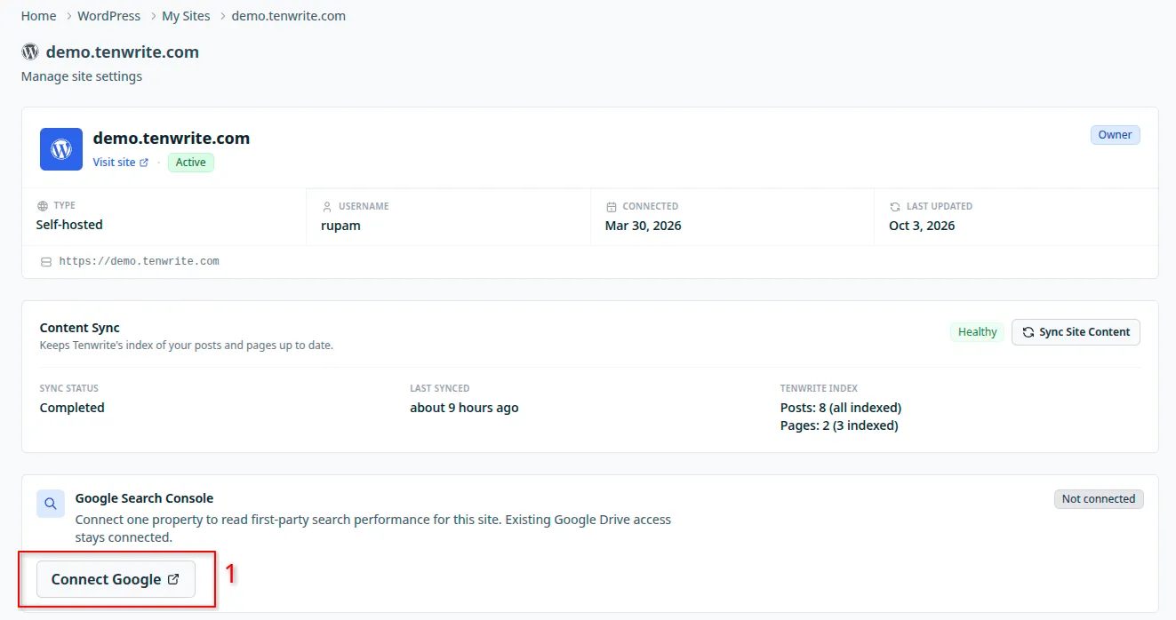 Site Settings showing the Google Search Console section, with box 1 around Connect Google