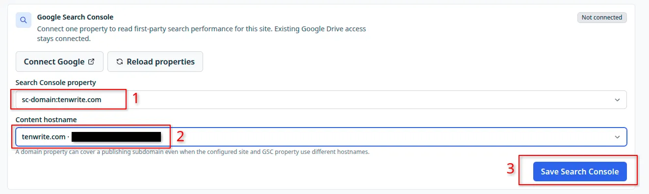 Search Console connection settings, with box 1 around the property, box 2 around the content hostname, and box 3 around Save Search Console