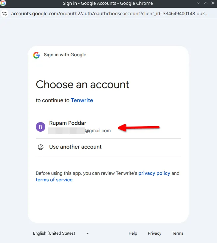 Selecting Google account for Tenwrite installation