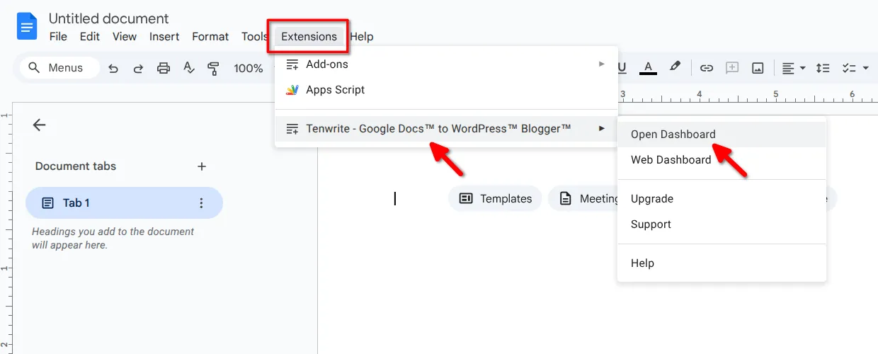 Launching Tenwrite from Extensions menu