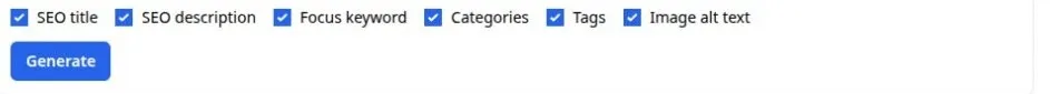 Tenwrite Generate with AI controls for SEO title, SEO description, focus keyword, categories, tags, and image alt text, with available credits shown