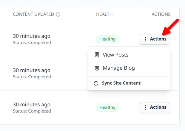 Blog row Actions menu showing the Sync Site Content option