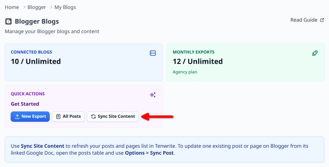 Sync Site Content button in the Quick Actions card on My Sites