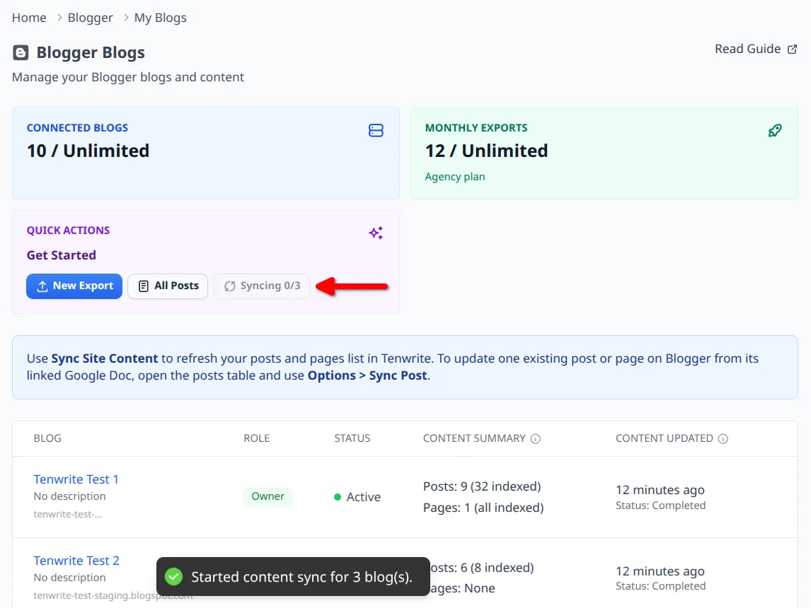 Sync Site Content in progress — showing how many blogs have completed