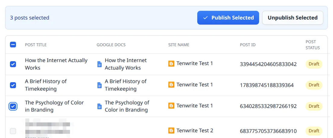 Posts table with checkboxes selected and bulk Publish/Unpublish buttons