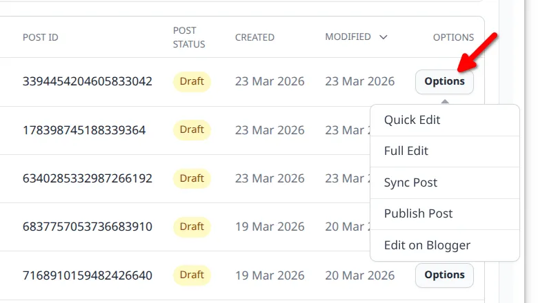 Row options menu showing Quick Edit, Full Edit, Sync Post, Publish, and other actions