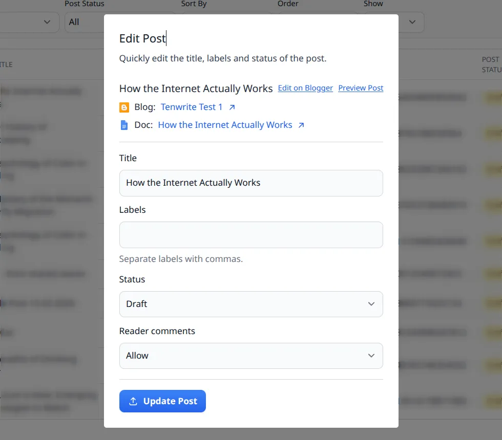 Quick Edit panel showing inline editable fields for a Blogger post