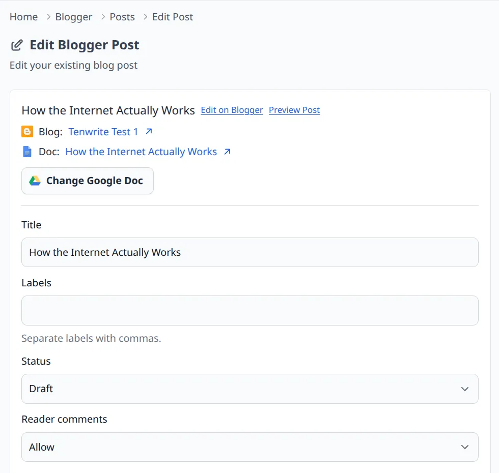 Full edit screen for a Blogger post