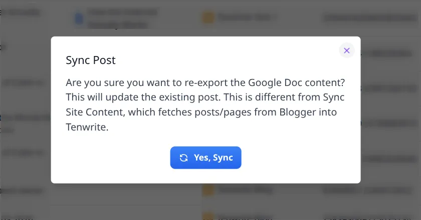 Sync Post confirmation modal for a Blogger post