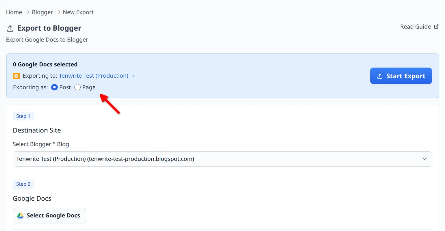 Export header showing Exporting as options with Post and Page radio controls
