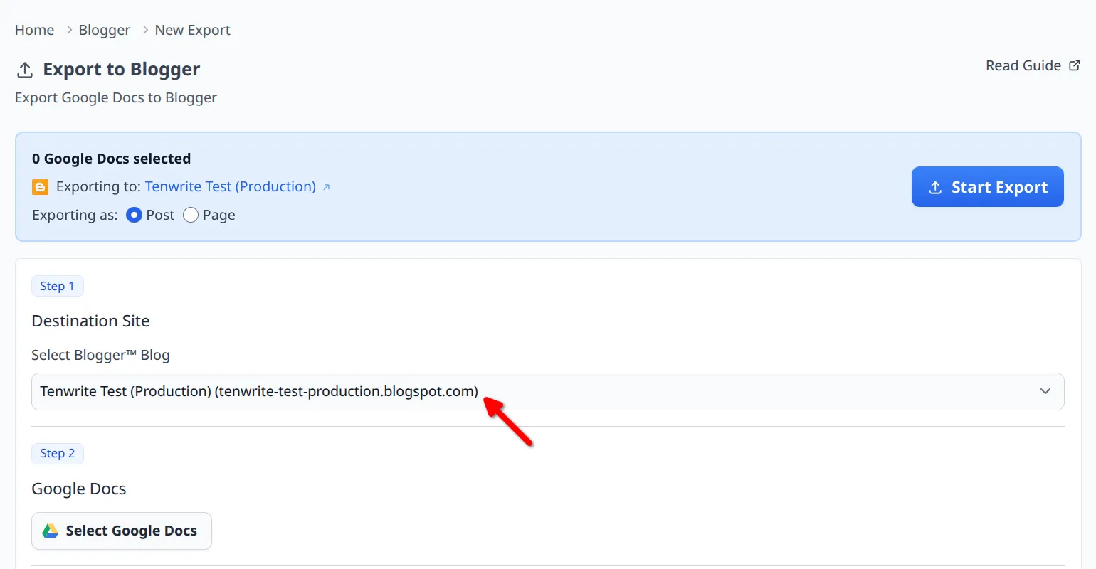 Step 1 destination dropdown with the connected Blogger blog selected