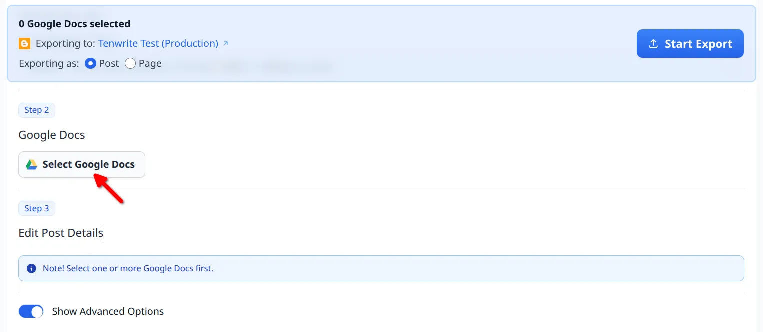 Step 2 panel with the Select Google Docs button before files are added