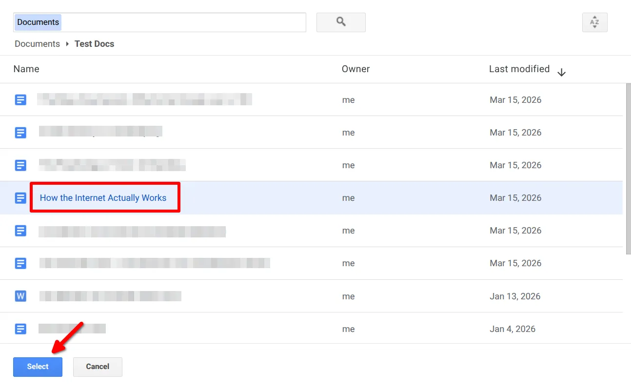 Google Drive picker with a Google Doc selected and the Select button highlighted