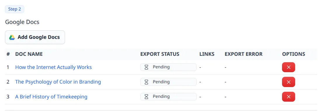 Step 2 table listing selected documents with Pending status and remove options