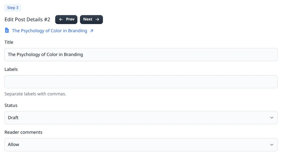 Step 3 edit area with title, labels, status, and reader comments for one selected document