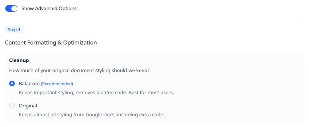 Step 4 section with Cleanup options under Content Formatting and Optimization