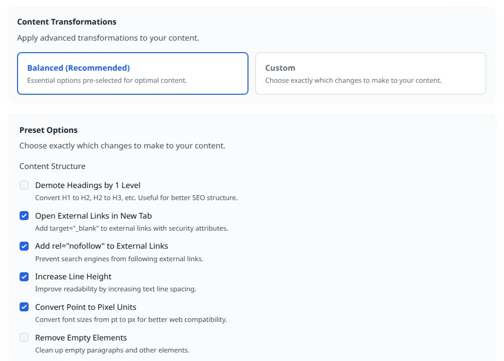 Content Transformations cards with Balanced selected and Preset Options shown below