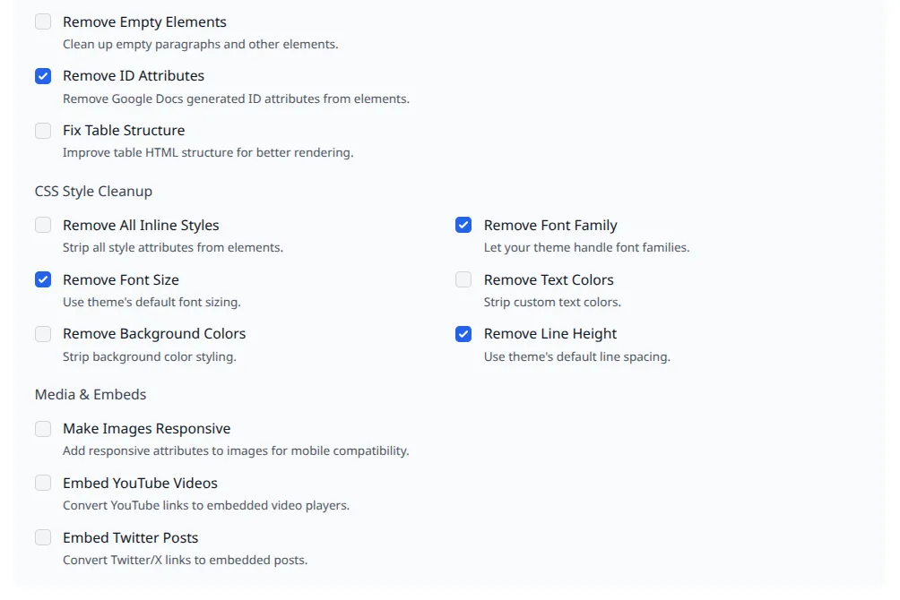 Preset Options list showing content structure, CSS cleanup, and media embed controls