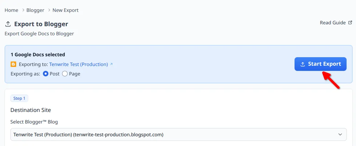 Header with selected document count and Start Export button ready