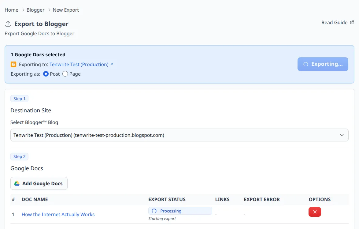 Export in progress with Processing status shown in the export table