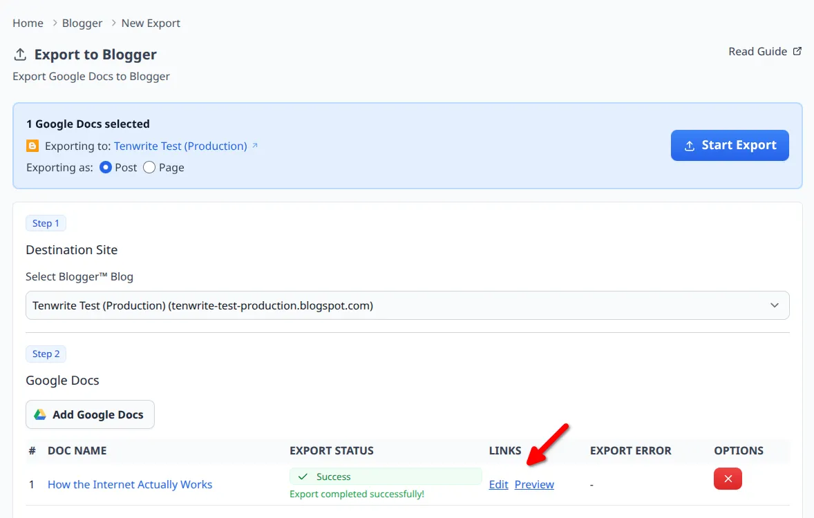Export result row showing Edit and Preview links for the created Blogger post