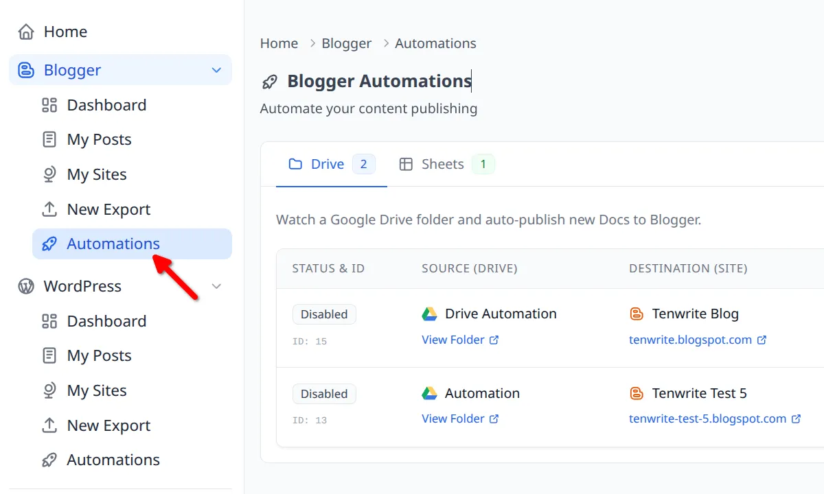 Automations link in the Tenwrite sidebar