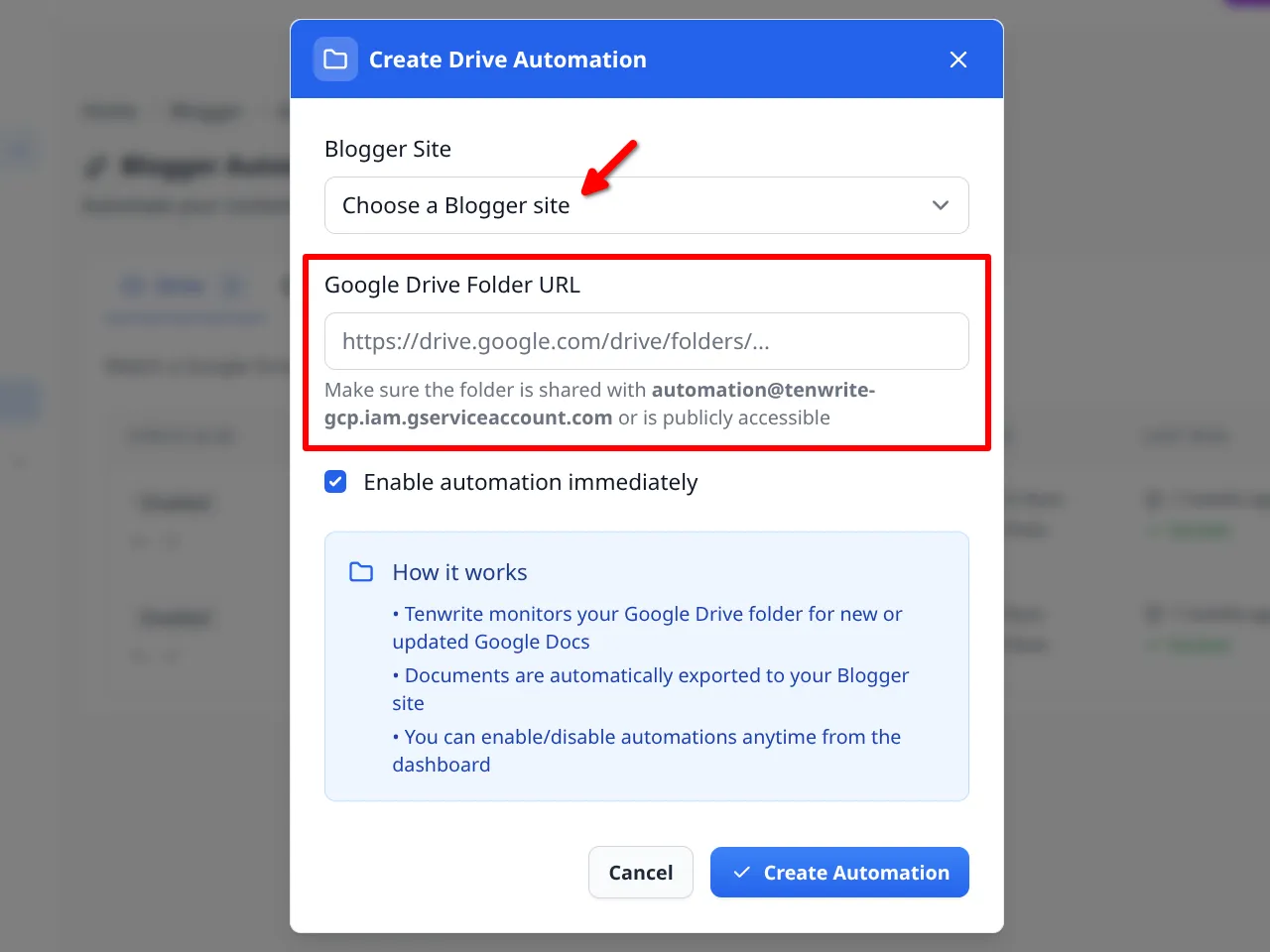 Create Drive Automation modal