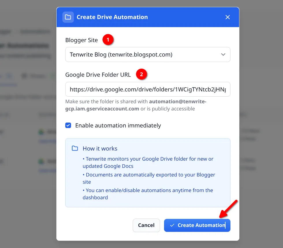 Completed Create Drive Automation form
