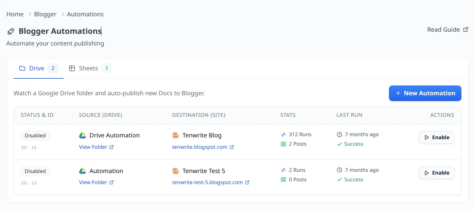 Drive automations list