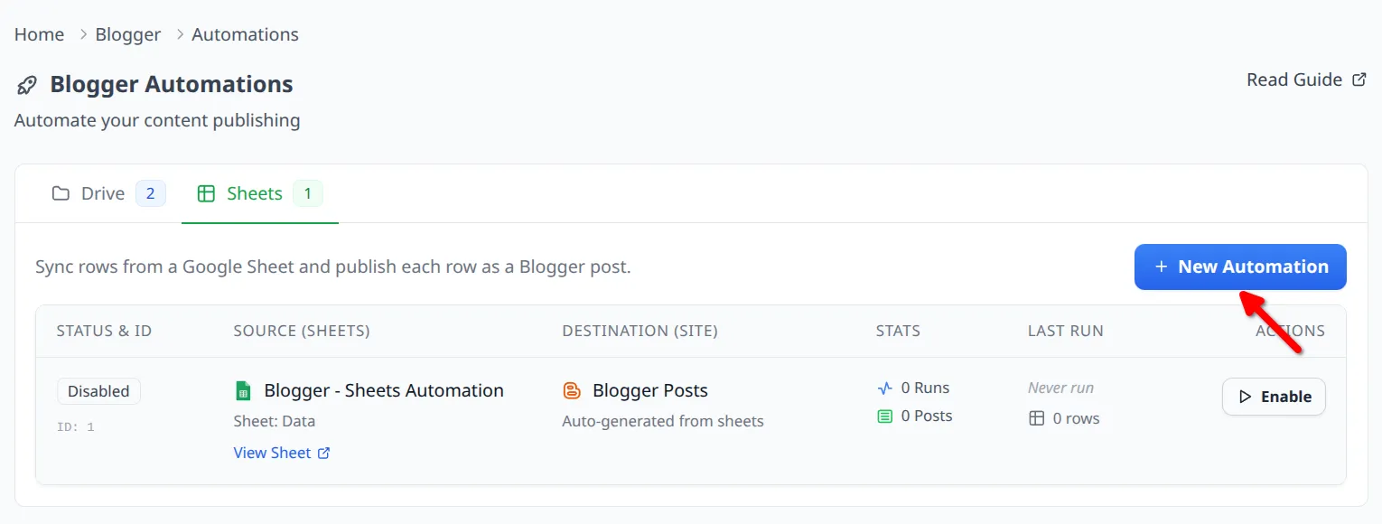 Sheet Automation tab with New Automation button