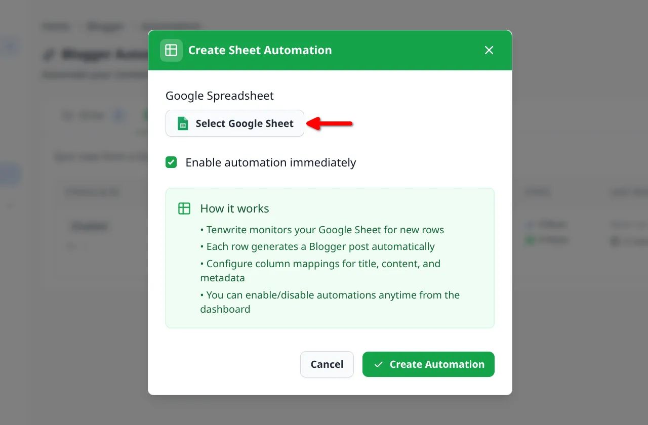 Create Sheet Automation modal