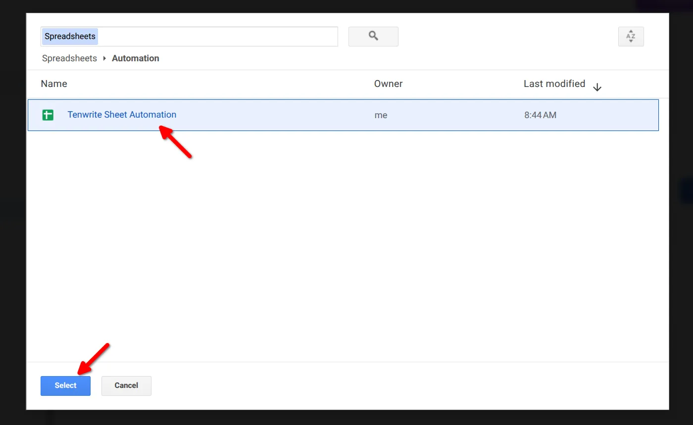 Google Picker with a spreadsheet selected and the Select button highlighted