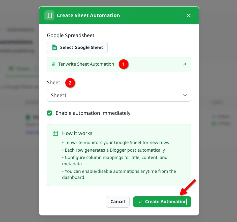 Completed Create Sheet Automation form