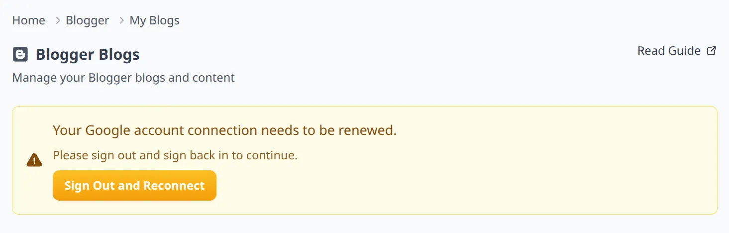 Google re-authorization warning with the Sign Out and Reconnect action