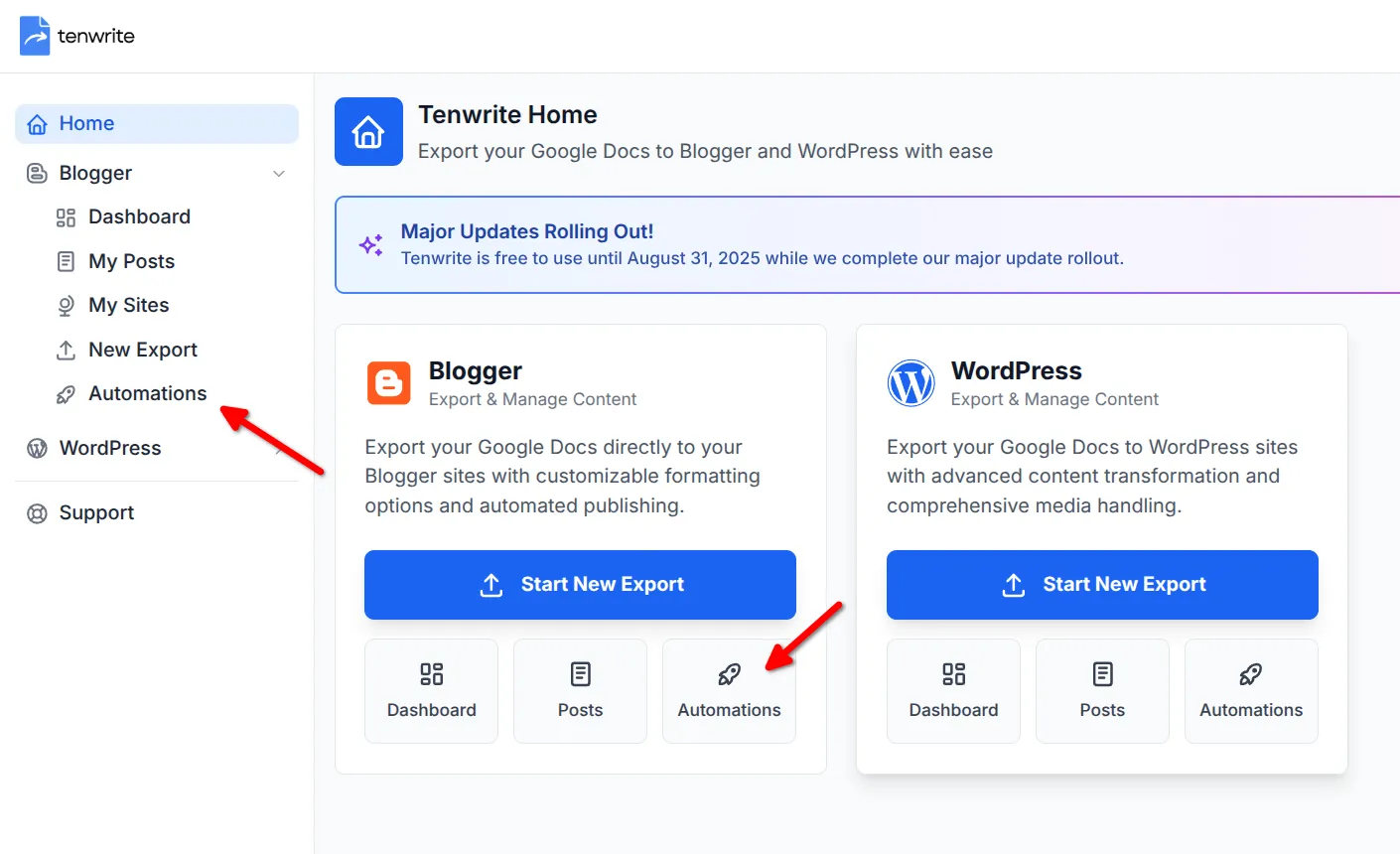 Tenwrite app showing the Blogger Automations tab