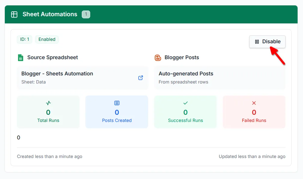 Screenshot highlighting the Disable button