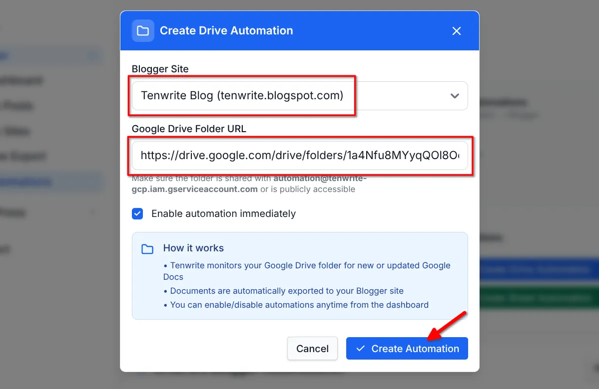 Completed Drive Automation setup form