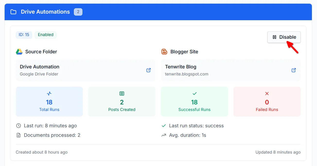 Automation list with disable button highlighted