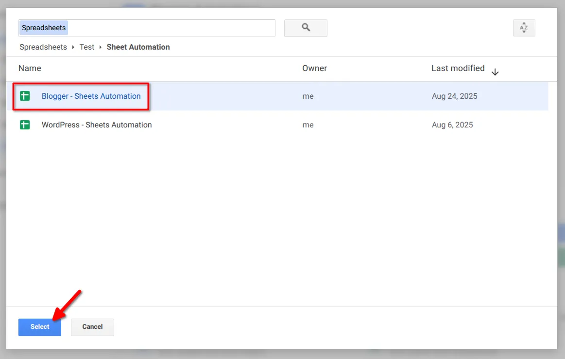 Google Sheet selection using Google Picker