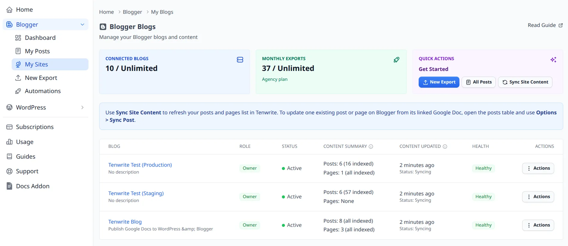 Blogger My Sites page with discovered blogs listed in the table