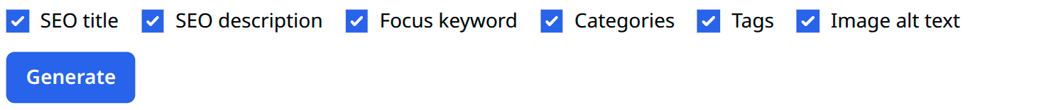 Choose SEO title, description, focus keyword, categories, tags and image alt text before generating suggestions