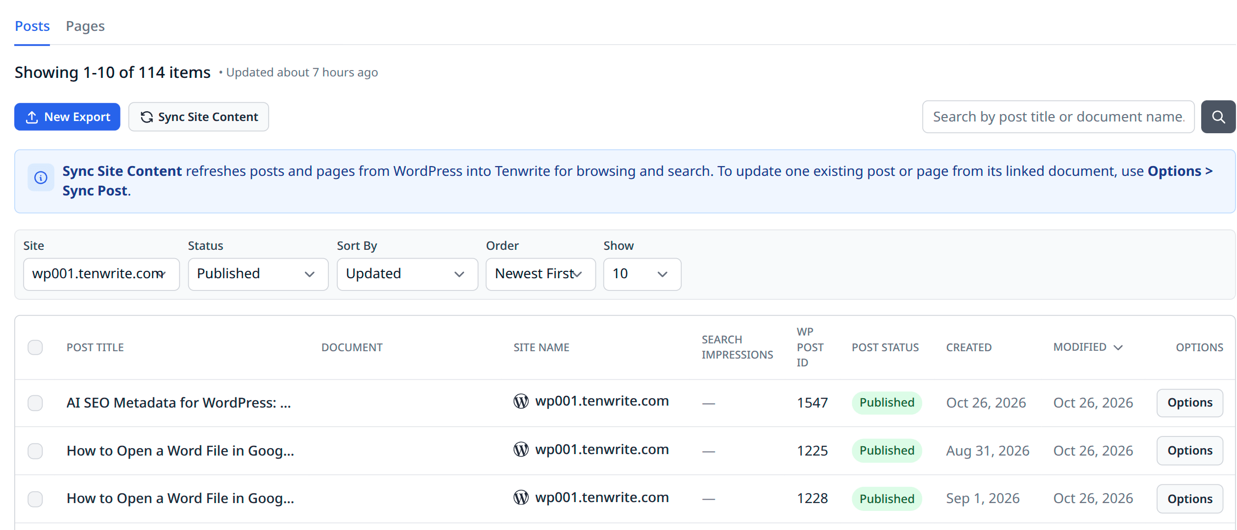Real Content Index: search and filter published posts across connected sites and open post actions