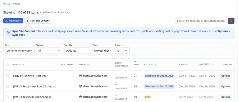 Tenwrite Content Index showing search and site filters, WordPress draft and scheduled posts, search impressions, and Options actions