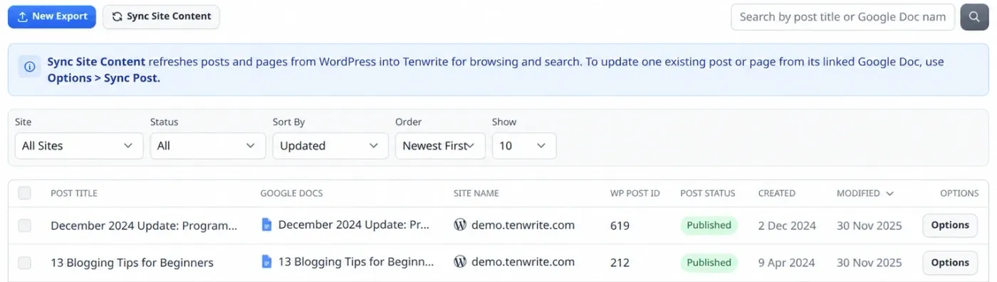 Tenwrite Content Index showing WordPress posts with linked Google Docs, site names, publication status, and filters