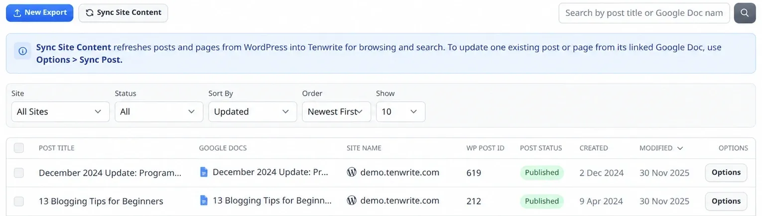 Tenwrite Content Index with site and status filters and published WordPress posts linked to their Google Docs