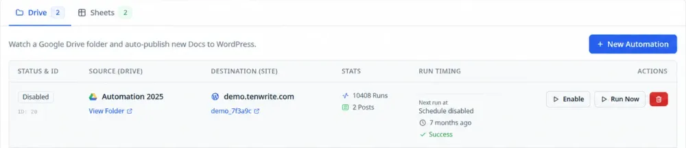 Tenwrite WordPress automations screen listing Drive automations with their watched folder, destination site, run counts, and last run status