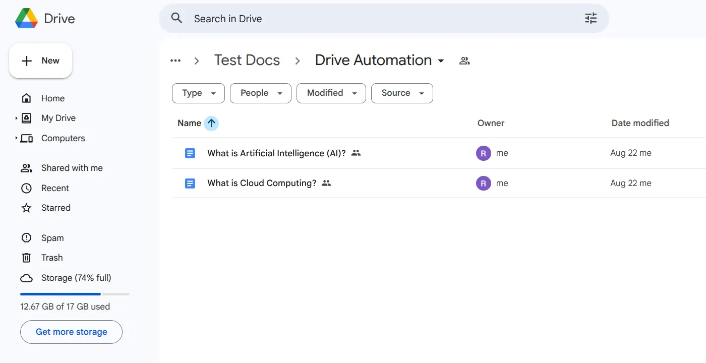 Google Drive folder with documents ready for WordPress automation