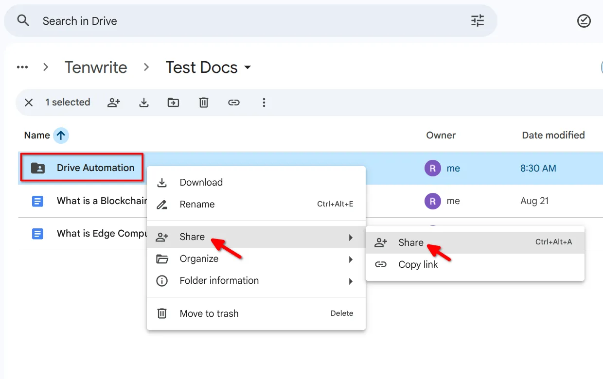 Google Drive folder sharing menu