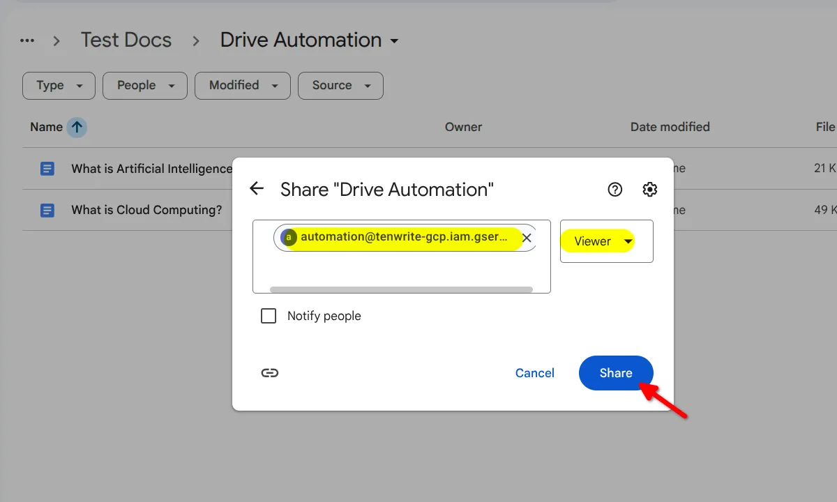 Google Drive sharing dialog with share button